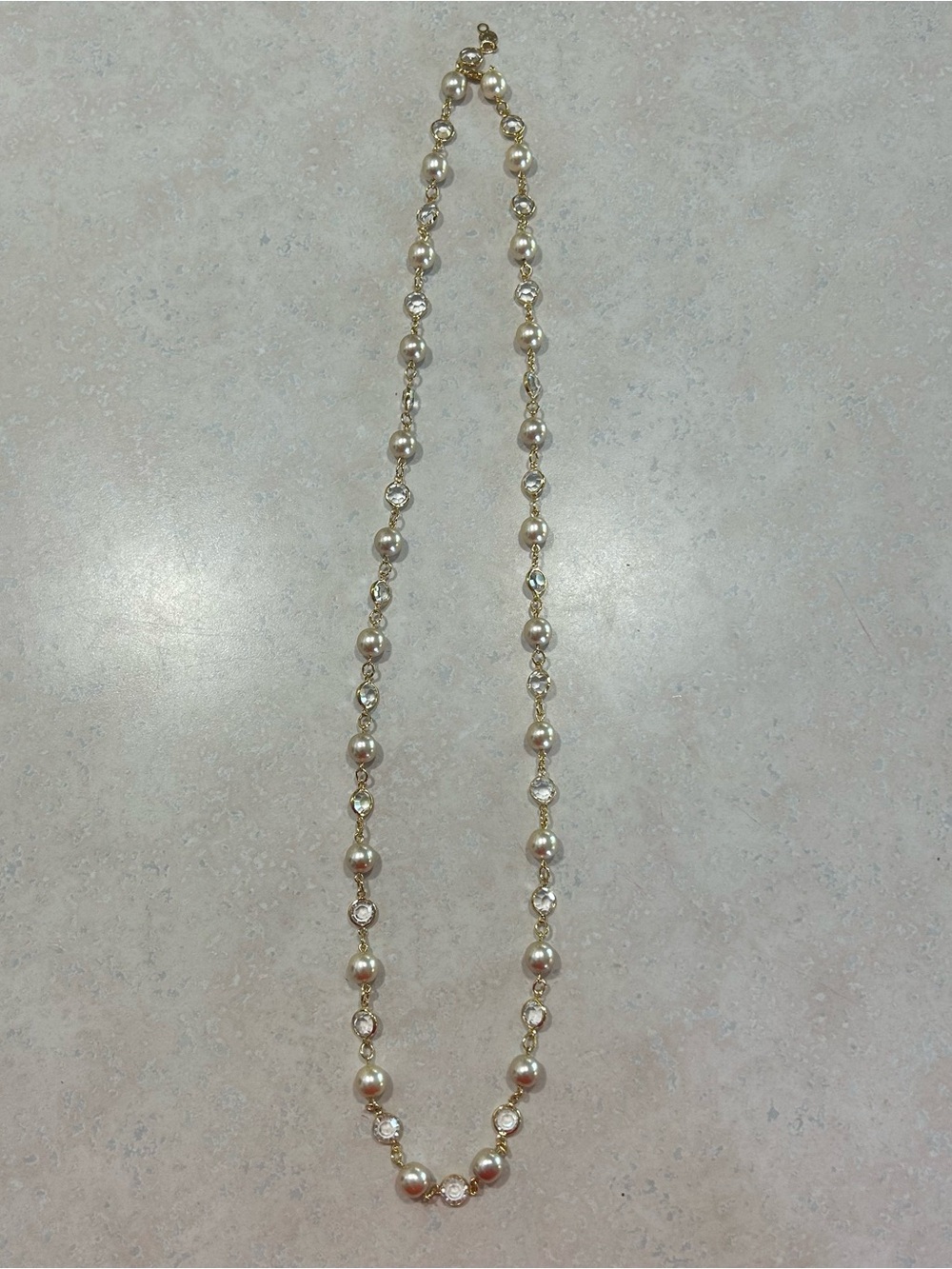 Vintage Austrian crystal -Pearl and Crystal Station Necklace - Cream and Gold